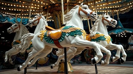 A carousel with white horses and gold accents.
