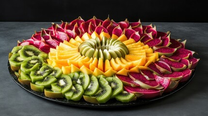 A colorful fruit platter arranged with kiwi, dragon fruit, mango and apple slices.