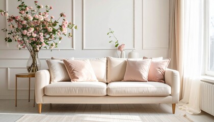 Chic luxury sofa with matching pillows, soft pastel colors, stylish home decor