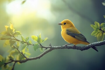 Obraz premium Vibrant yellow bird perched on tree branch during serene timelapse in a lush natural setting, bird on a tree branch seamless ing timelapse virtual Photo Background