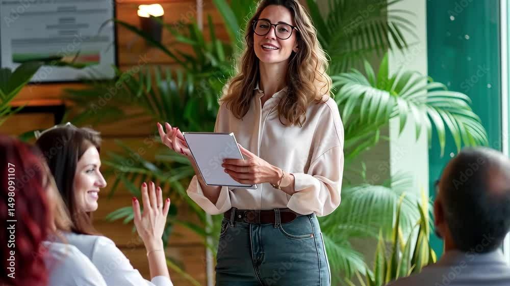 Aufkleber Engaging speaker presents ideas to audience in a modern setting with greenery while holding a tablet in a bright, inviting atmosphere