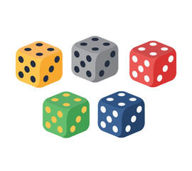 Five colorful dice representing games, chance, and probability, perfect for themes of entertainment, gambling, and random outcomes.