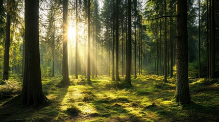 Obraz premium Sunlight streams through tall trees in a lush, green forest.