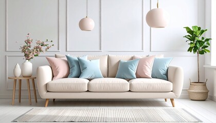 Sophisticated designer sofa with matching cushions, luxurious upholstery, elegant living room backdrop