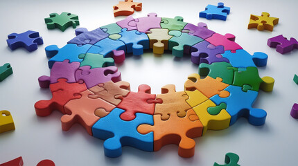 Hyper-Realistic 3D Circular Puzzle with Colorful Pieces &ndash; Unique Textures, Symbolizing Cooperation, Inclusion, Unity, Collective Strength, White Background, High Detail, Concept Art.
