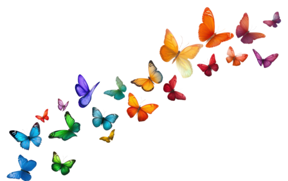 Colorful line of butterflies flying in the air