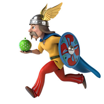3D Cartoon Gaulish Warrior Running with a Determined Expression, Holding a Small Green Orb and Shield, on Transparent Background