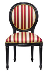Elegant vintage chair with red and gold striped upholstery showcasing classic design and...