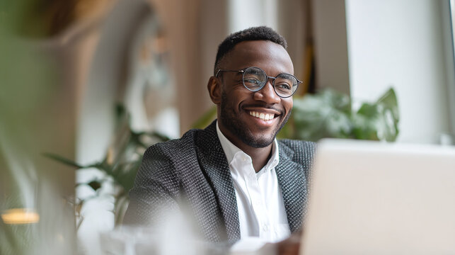 black business man smiling while working at laptop