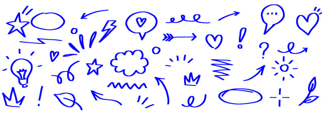 Blue Marker Doodle Icons and Symbols. Vector Set on Transparent Background