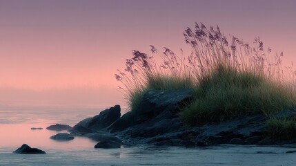 Striking Rocky Outcrop with Tall Slender Grasses in Flat Shadowed Silhouettes Creating a Dramatic Natural Scene Full of Mystery