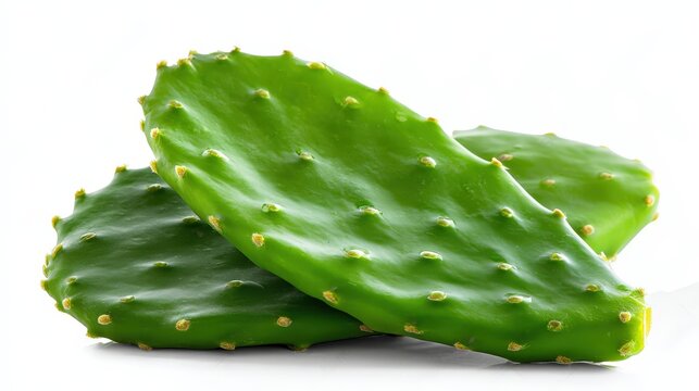 Fresh Green Nopal Cactus Pads (Opuntia Ficus Indica) on White Background &ndash; Edible Prickly Pear Leaves for Cooking and Health