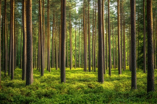 Fototapeta Explore the serene beauty of a pine forest filled with vibrant wild bilberry bushes in a peaceful setting, Beautiful pine forest with wild blueberries bushes