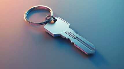 A close-up shot of a metallic key and keyring with gradient lighting.