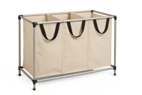 Triple laundry hamper sorting clothes basket with metal frame on transparent background