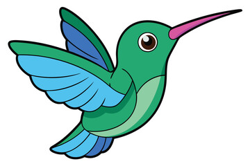 Cartoon Illustration of a Flying Green and Blue Hummingbird with Pink Beak