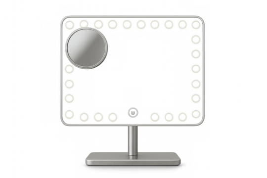 Makeup mirror with lights on transparent background illuminating beauty routine