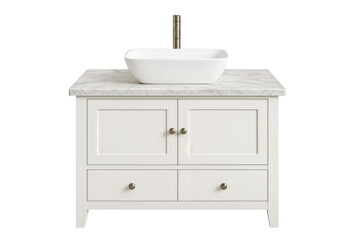 Fototapeta premium White bathroom vanity with marble top and sink on transparent background