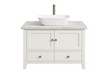 White bathroom vanity with marble top and sink on transparent background