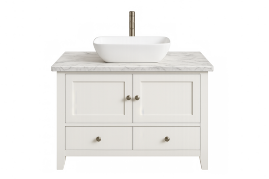 White bathroom vanity with marble top and sink on transparent background