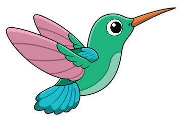 Obraz premium Cartoon Hummingbird Flying with Pink Wings and Teal Feathers Graphic Illustration