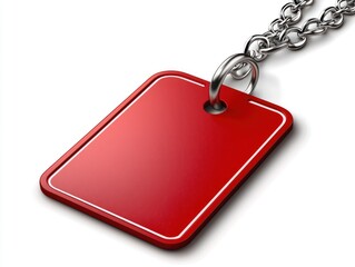 Fototapeta premium A blank red rectangular tag hangs from a metallic chain, offering space for text or images. Its smooth surface and simple design are ideal for labeling