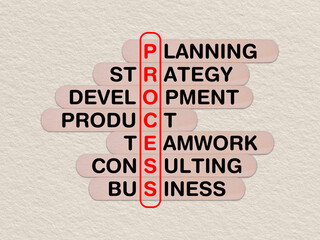 concept word process, crossword written on wooden stick, business process concept with copy space