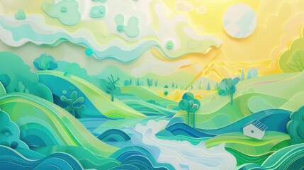 Stylized Landscape with Rolling Hills and River