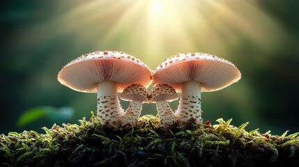 Three mushrooms with white caps and brown spots stand on a bed of green moss, facing the camera.