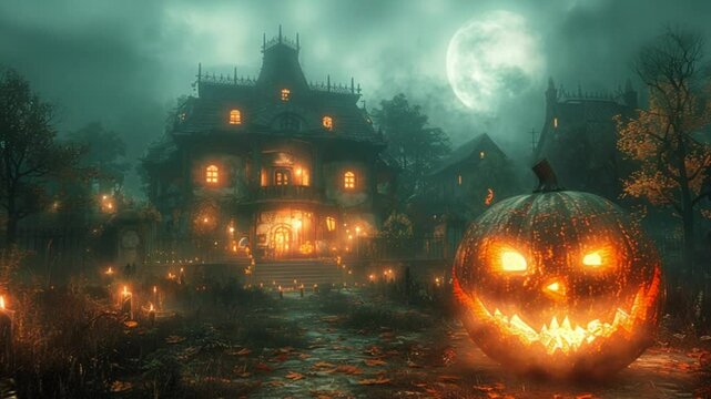 lentera labu halloween di depan rumah hantu