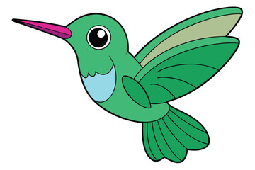Cartoon Green Hummingbird Flying with Pink Beak and Blue Detail Illustration Art