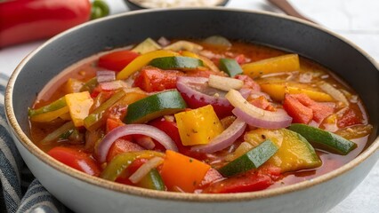 Vibrant lecs stew with bell peppers and onion, hearty and healthy, colorful vegetable dish in a bowl