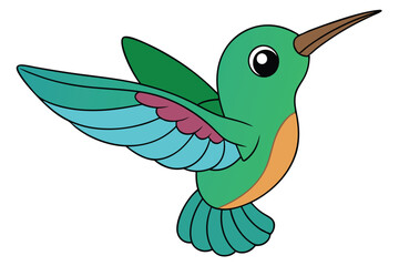 Cartoon Green Hummingbird Illustration with Colorful Wings and Long Beak Design