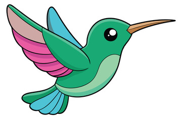 Colorful Cartoon Hummingbird with Pink, Blue, and Green Plumage in Flight