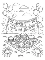 Fireworks Cake Coloring Page Decorated with Stars and Stripes