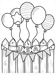 Patriotic Balloons on Picket Fence with Bunting Coloring Page