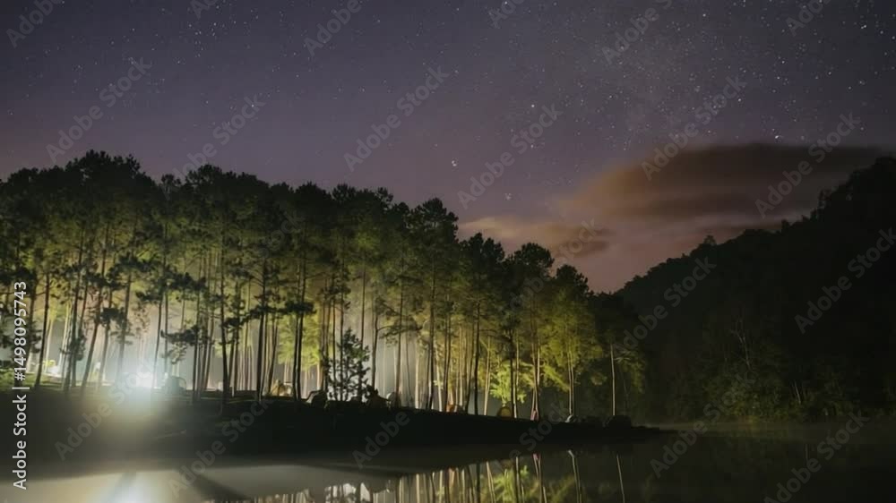 Poster starlight reflections: an ethereal panorama unfolds as the calm lake mirrors the cosmos, the towerin