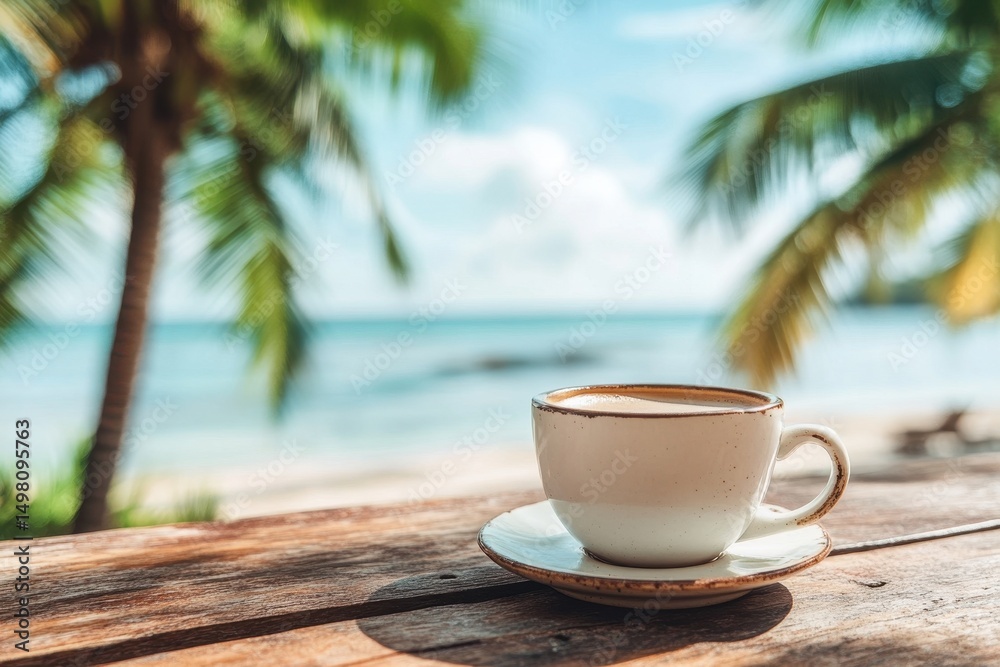 Wall mural coffee cup on rustic table overlooking serene beach and ocean under a bright sky, coffee cup on a ru
