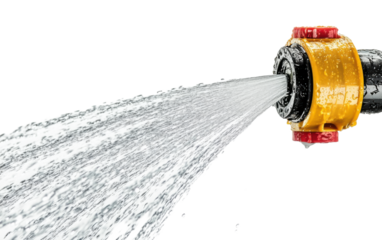 Yellow and red hose is spraying water