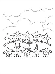 Row of Happy Star Characters Holding Hands with Hats Coloring Page