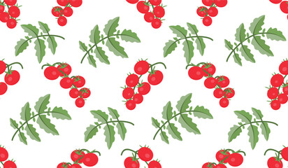 Tomato fruit branch seamless pattern. Red vegetables and green leaves on white background. Farm harvest, organic food, plant growing, gardening concept. Vector design for textile, wallpaper, cover.