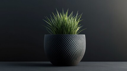A potted plant with slender leaves set against a dark, minimalist background.