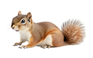 Obraz premium Small brown squirrel with a white belly sits on a white background