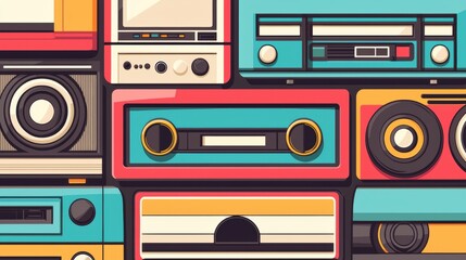 A collection of vintage electronic devices, including a television, stereo system, and cassette tape player, arranged in a visually appealing manner.