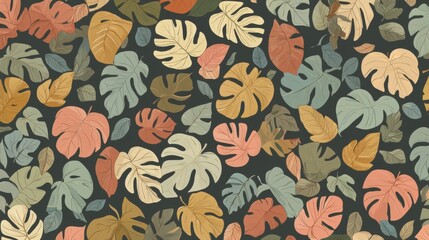 A vibrant collection of leaves in various shades of green, orange, and pink, scattered across a dark gray background.