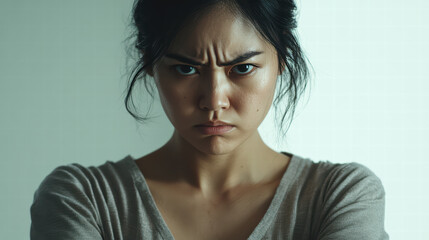 Unleashing Inner Fury: An Asian woman's face vividly expresses intense anger, framed against a subtly textured backdrop, embodying raw emotion.