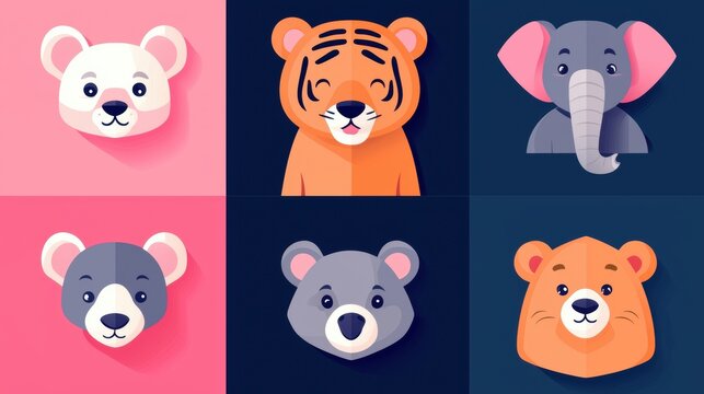 A collection of six cartoon animal faces, each with a unique expression and color, arranged in a 2x3 grid.