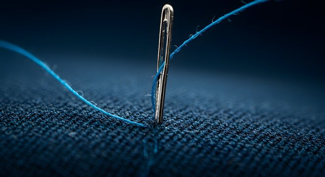 Close-up of a blue thread in a needle piercing dark fabric