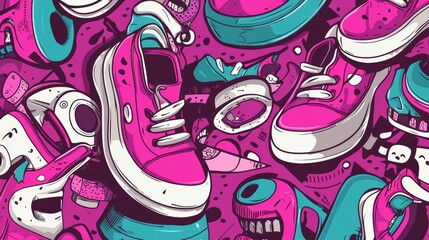A vibrant and playful illustration of a collection of cartoon shoes and objects, including sneakers, sandals, and a pair of monster shoes.