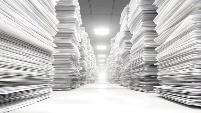 Paper Maze: A perspective view of organized piles of paper sheets with a focused light source, suggesting a journey through meticulous documentation.